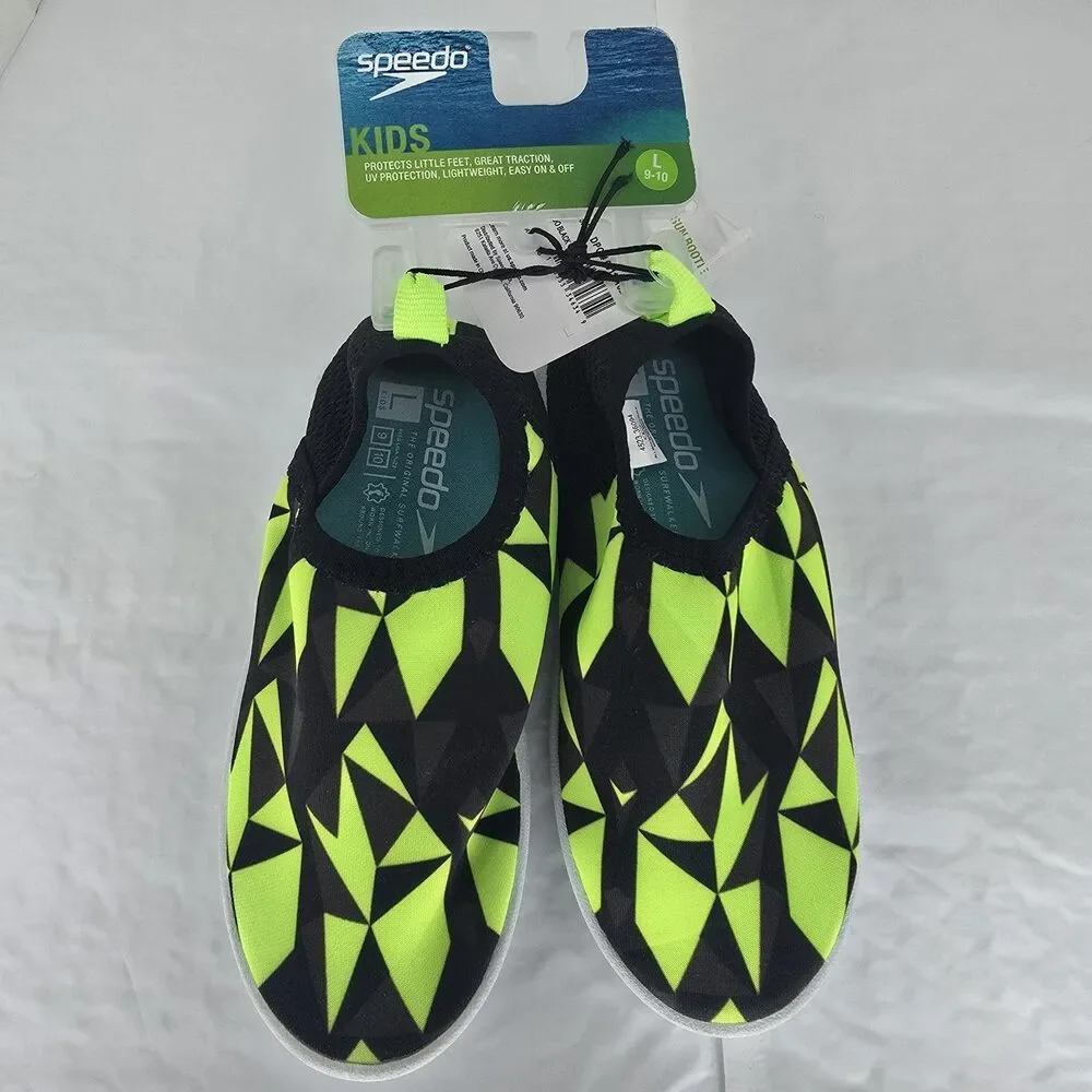 Speedo Kids' Beach Booties - Black/Neon-Green, Large (9-10), UV Protection